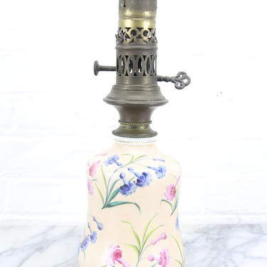 Antique French Kerosene Oil Lamp with Painted Flowers on Ceramic Base 