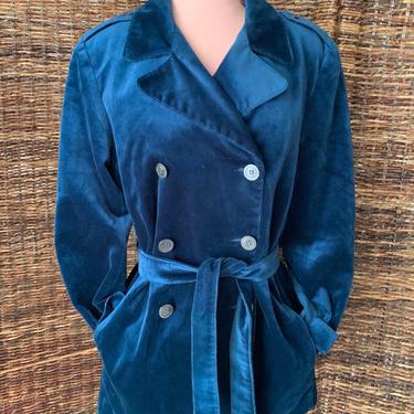 Vintage Velvet Blazer, Midnight Blue, Trench Style Jacket, Pockets, Fits Size S-M 