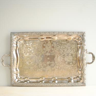 Vintage Hand Etched Silver-plate Serving Tray with Handles 