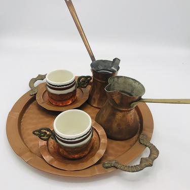 Vintage  5 PC Hand Hammered COPPER Serving SET for Turkish Coffee Jezve Tray - 2 Cups &amp; coffee maker 