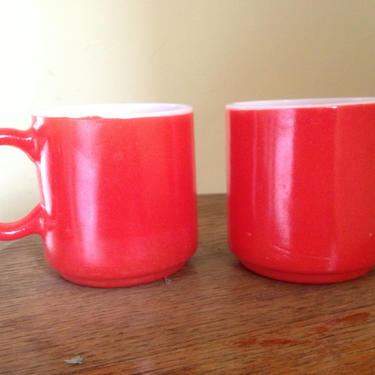 Vintage Pair of Red Textured Milk Glass Coffee Mugs 