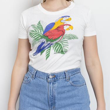 80'S SOFT THIN RINGER T-Shirt vintage sheer white Poly Cotton Parrots Puerto Vallarta / Medium 