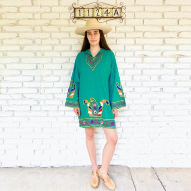 Indian Embroidered Tunic // vintage 70s embroidered green dress blouse boho hippie hippy 1970s woven cotton mini // S/M 
