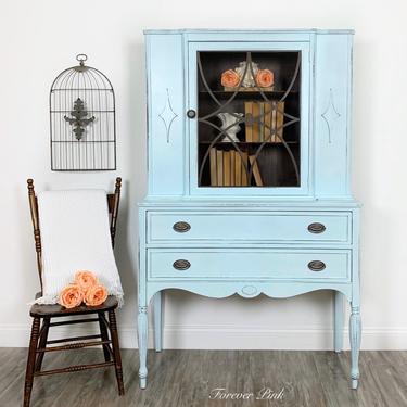 Vintage Blue China Cabinet Hutch, Antique Dining Room Hutch with Glass Door, Hepplewhite Hardware Hutch 