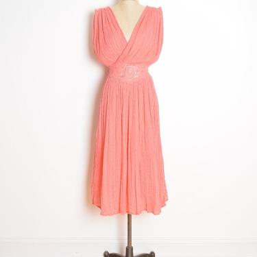 vintage 70s 80s dress grecian gauze goddess peach-pink boho midi cotton rayon clothing 