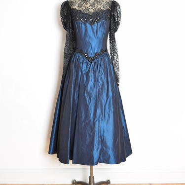 vintage 80s prom dress blue taffeta black lace Victorian prairie goth steampunk dress clothing XS 