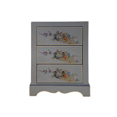Chinese Mid Gray Vinyl Flower Birds 3 Drawers End Table Nightstand cs6161E 