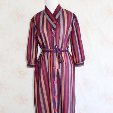 Vintage 70s Striped Dress, 1970s Knit Dress, Shirtdress, Button Dress, Fall Dress, Puff Sleeves, Minimalist, Secretary, Midi 