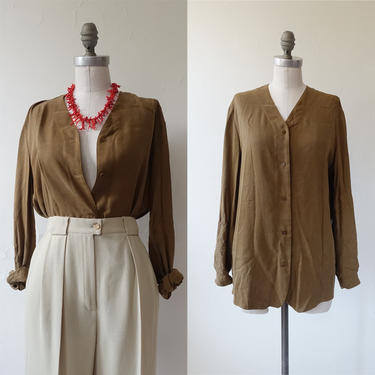 Vintage 80s Chestnut Silk Button Up Blouse/ 1980s Collarless Brown Shirt/ Size Large 