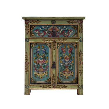 Distressed Pastel Green Turquoise Tibetan Floral End Table Nightstand cs7185E 