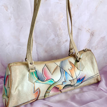 Artistic Painted Leather Purse, Vintage Handbag, Large Size, Top Handle Bag 