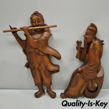Pair Vintage Ricardo Lynn Carved Teak Wood Oriental Figures Flute Player Wiseman