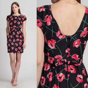 Vintage Liz Claiborne Rose Print Fitted Mini Dress - Extra Small | 90s Black Pink Floral Low Back Bodycon Party Dress 