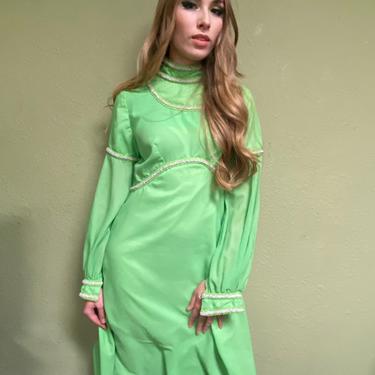 70s Hostess Dress vintage neon green dress, bright lime green and silver colored Maxi Dress empire waist long sleeve full length size small 
