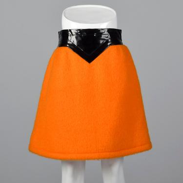 Iconic Pierre Cardin 1960s Space Age Mod Orange Mohair Mini Skirt with Wide Black Vinyl Waistband Vintage 1960s 60s 