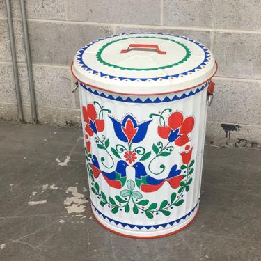 Vintage Trash Can Retro 1960s Pennsylvania Dutch + XL Size + Metal + With Lid and Handles + Painted + Bird and Flower Design + MCM Decor 