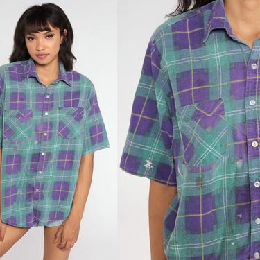 Plaid FLANNEL Shirt Distressed Paint Splatter Button Up 90s Green Checkered Short Sleeve Lumberjack Vintage Purple Large 