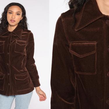 70s Corduroy Jacket Button Up Blouse Brown Pockets Bohemian Hippie Top Dagger Collar Shirt 1970s Vintage Long Sleeve Boho Extra Small XS 