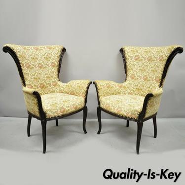 Pair Vintage French Hollywood Regency Carved Mahogany Fireside Lounge Arm Chairs