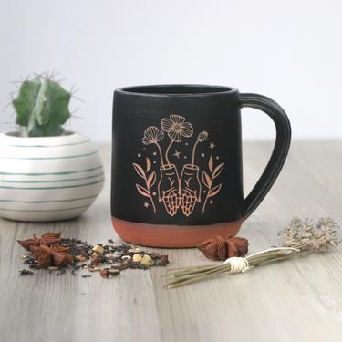 Giving Hands Mug with Poppies for Peace, Remembrance - handmade witchy celestial pottery 
