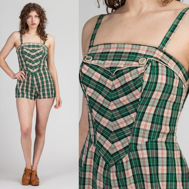 50s 60s Catalina Plaid Swimsuit - Medium | Vintage Green &amp; White One Piece Pin Up Bathing Suit 