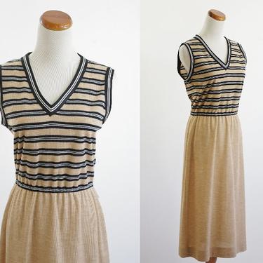 Vintage Knit Dress, Camel Brown and Black V Neck Striped Dress 70s Dress and Cardigan Set, Medium 