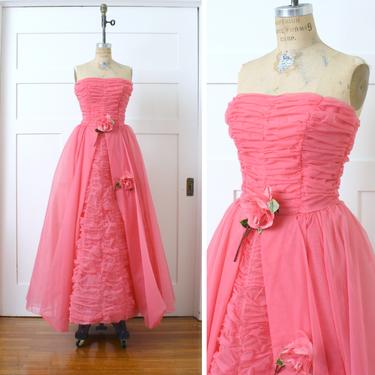 vintage 1950s strapless formal dress • vivid pink full length tulle gown with rosettes 
