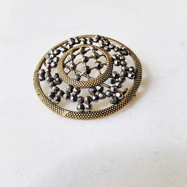 1800s Victorian Hand Cut Steel and Gold Wash Brooch 