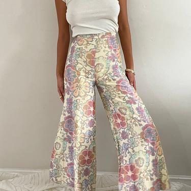 70s bell bottom pants / vintage cotton tapestry pink floral flared wide leg high waist pants bell bottoms | XS 24 waist 