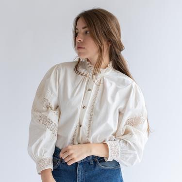 Vintage Cream Lace Poet Blouse | Blush Cotton Puff Sleeve Shirt | Romantic Folk Blouse | 