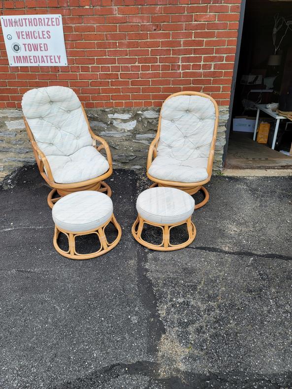 Pair of Boho Mod Swivel Chairs with Ottomans
