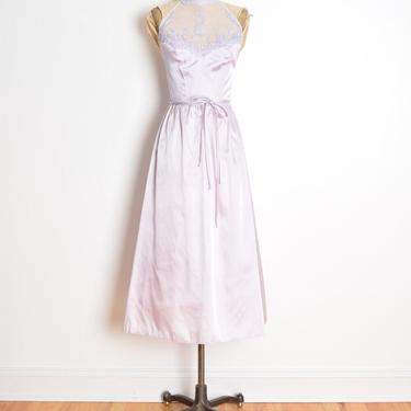 vintage 80s dress lavender purple satin lace full halter party prom dress S victorian clothing 