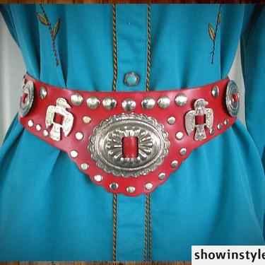 Vintage Western Red Leather Cowgirl Belt, Silver Conchos, Thunderbirds and Silver Rivets, Size S/M 