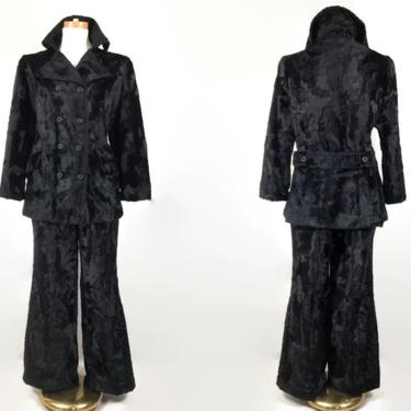 VINTAGE 60s RARE Faux Broadtail Lamb Fur Pant Suit | 1960s Stand Up Wired Collar Peacoat &amp; Wide Leg Pants Set | Unique Luxe One Of A Kind! 