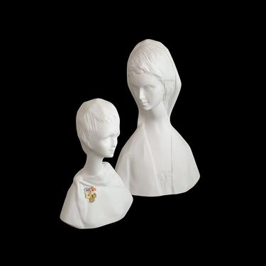 Vintage Modernist Mother and Child Bisque Matte White Porcelain Stylized Busts Sculpture Figurines VERBANO Industria Argentina 