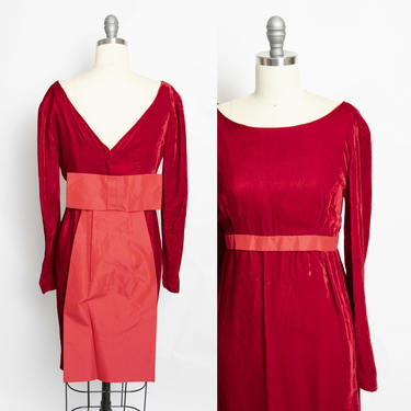 1960s Dress Red Velvet Bow Mod Cocktail 60s Medium M 
