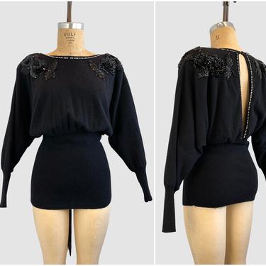 SAKS FIFTH AVENUE Vintage 80s Beaded Angora Sweater | 1980s Black Batwing Rhinestone &amp; Sequin Knit Top, Low Back Blouse | Size Small Medium 