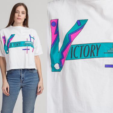 80s Victory Cropped T Shirt - One Size | Vintage White Graphic Streetwear Tee 