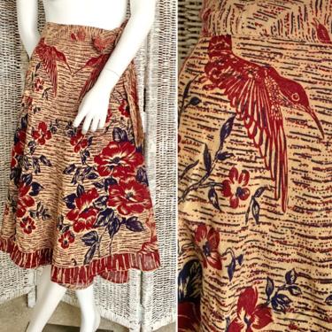 Wrap Around Skirt, Woodland Design, Batik Look, High Waist, Wrap Style, Earth Tones, Hippie, Boho, Vintage 70s 
