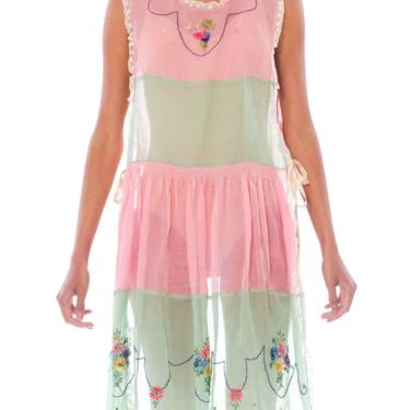 1920S Baby Pink & Green Hand Embroidered Cotton Pinafore Apron  Dress 
