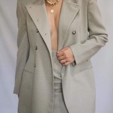 Vintage Slate Grey Skirt Suit - Double Breasted Blazer + High Waisted Pencil Skirt Suit - Wool Suit - 