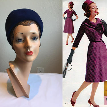 Introductions Were Made - Vintage Early 1960s Egyptian Blue Velour Cloche Beehive Dome Hat 