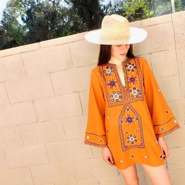Indian Hand Embroidered Tunic // vintage 70s orange dress blouse boho hippie hippy 1970s woven cotton mini // XS/S 