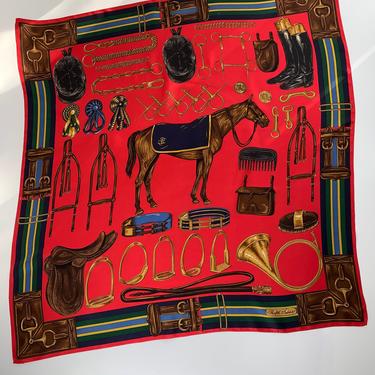 Vintage Ralph Lauren Polo Scarf - With All Things Polo - Quality Silk - Vivid Colors - Hand Rolled Hem - 34 x 35-1/2 Inches 