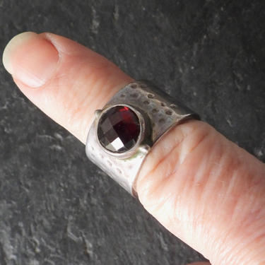 Contemporary Sterling Hammered Wide Band Garnet Ring 