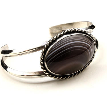 Vintage Sterling Silver Banded Agate Cuff Bracelet Brown White Stone 
