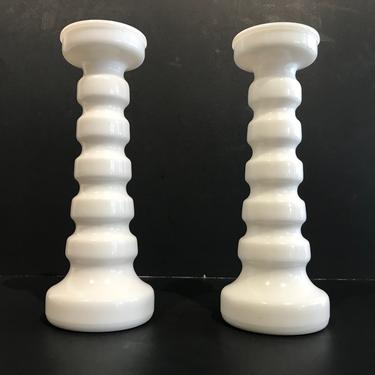 Conical Geometric Milk Glass Candle Holders as Pair Mid Century Modern 