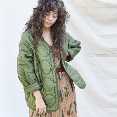 Vintage Military Liner Jacket | 1980s-90s Quilted Olive Green Liners | S/M/L 