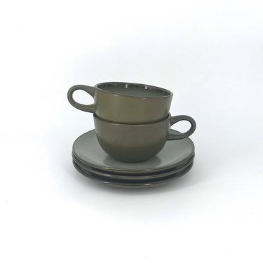 Vintage Heath Ceramics Olive Green and Blue Coffee Mug Saucer Set Mid-Century Edit Sausalito CA Pottery 