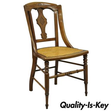 19th Century Antique Eastlake Victorian Carved Walnut Cane Dining Side Chair (A)
